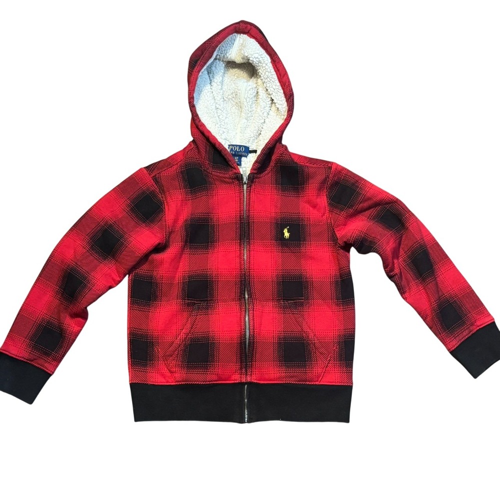 Polo Ralph Lauren Boys Red‎ Black Plaid sz 8 Fleece Lined Jacket Full Zip Preppy